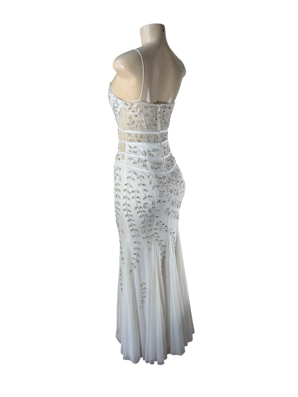 VINTAGE CACHE White Beaded Sequin Mesh Sweetheart Spaghetti Strap Maxi Dress - Picture 3 of 9